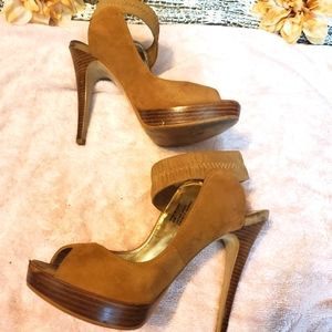 Bakers Tan Suede Peep-Toe Platform Heels